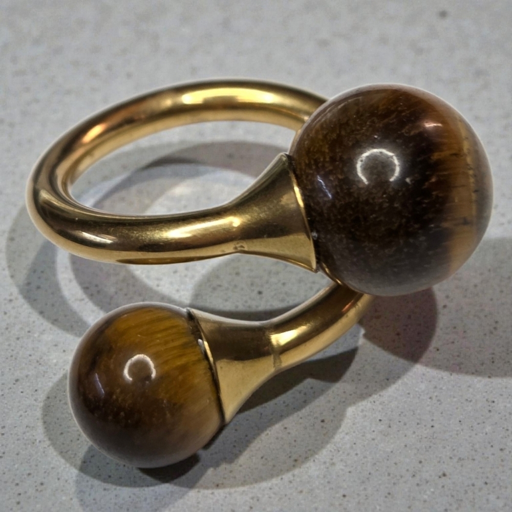 18k Gold Plated Chunky Genuine Tigers Eye Stone Bypass Ring - Picture 3 of 6